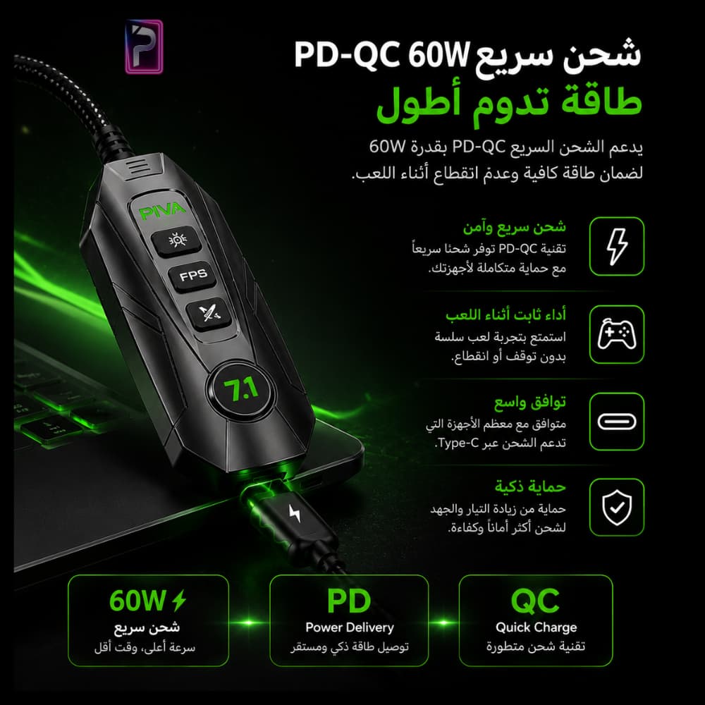 كرت صوت بيفا PIVA GS20 جيمنج احترافي | صوت محيطي 7.1 وشحن سريع 60W | Pro Store - الصورة 5