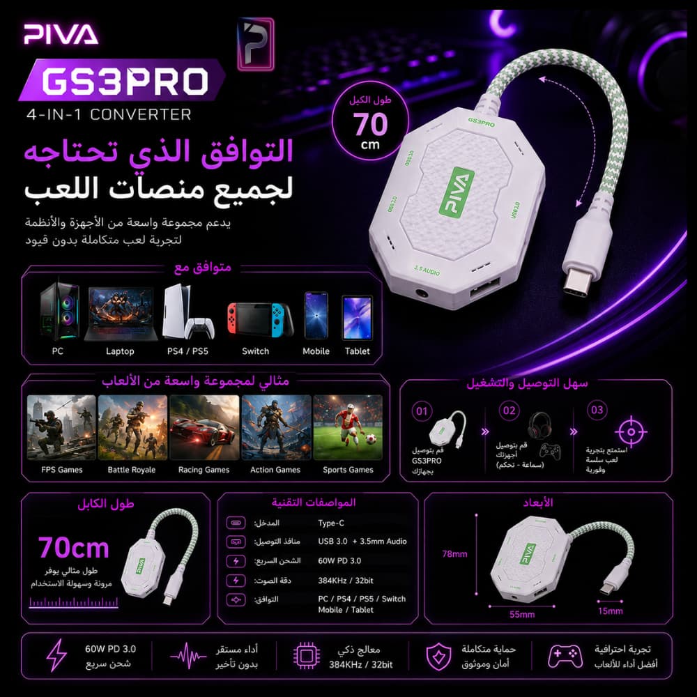محول PIVA GS3 PRO جيمنج 4 في 1 | دقة 32bit/384KHz وشحن 60W | Pro Store - الصورة 2